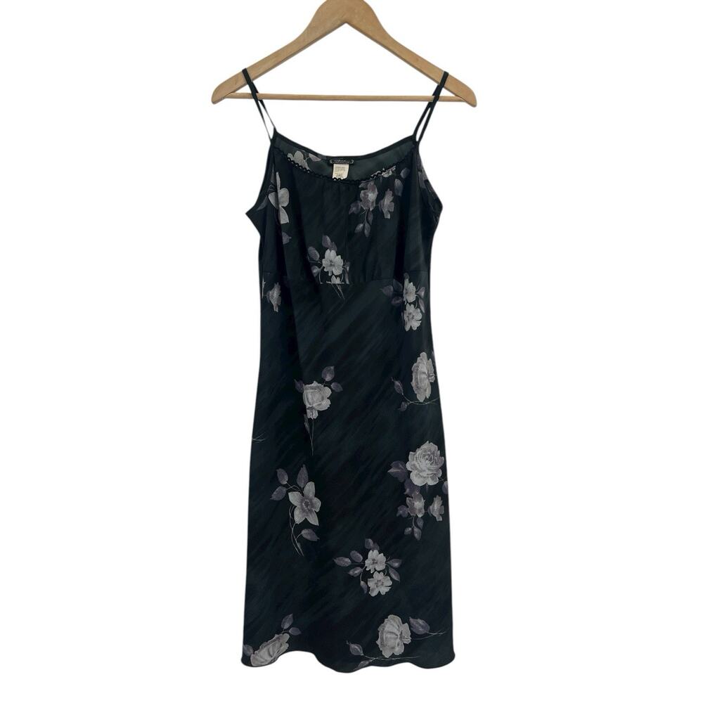 Vintage 90s Black Floral Midi Slip Dress Medium Whimsigoth Dark Floral y2K